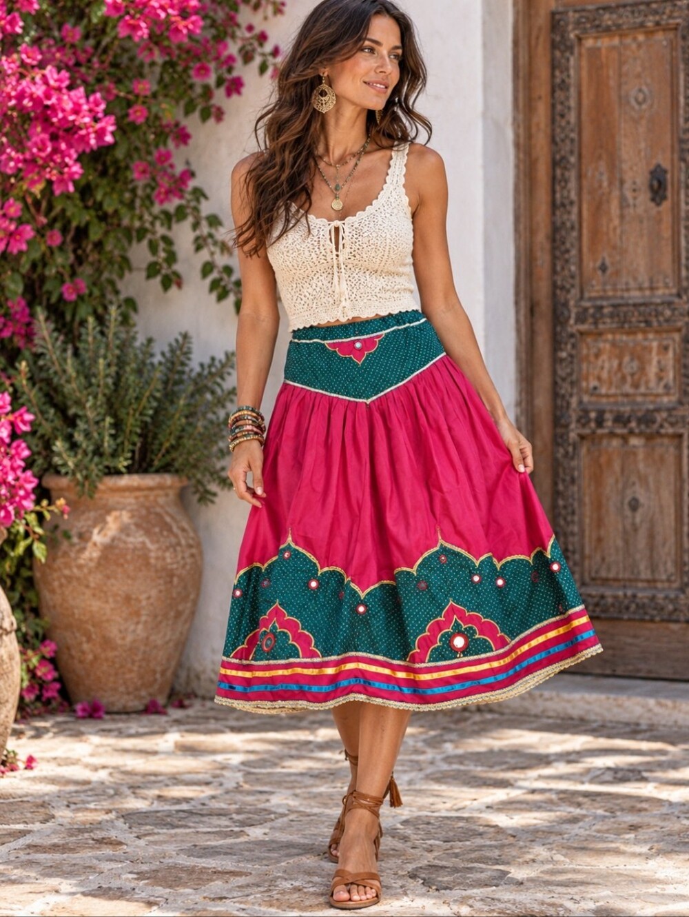 Ethnic Embellished hand made magenta/ green indie bohemian fiesta skirt Sz S